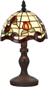 Clayre & Eef LumiLamp Tiffany Tafellamp Ø 18*32 cm E14 max 1*25W Rood Beige Glas in lood Bloemen Tiffany Bureaulamp Tiffany Lampen