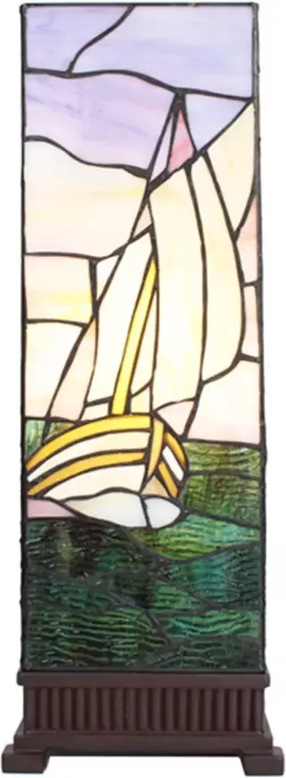 Clayre & Eef LumiLamp Tiffany Tafellamp 18x18x48 cm Beige Paars Glas Kunststof Vierkant Zeilboot Tiffany Bureaulamp Tiffany Lampen - Foto 1