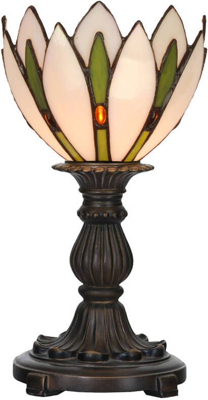 Clayre & Eef LumiLamp Tiffany Tafellamp Ø 18x30 cm Wit Groen Glas Tiffany Bureaulamp Wit Tiffany Bureaulamp
