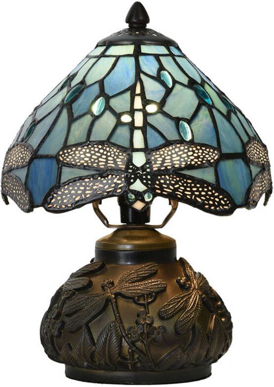 Clayre & Eef LumiLamp Tiffany Tafellamp Ø 20x28 cm Blauw Glas Libelle Tiffany Bureaulamp Blauw Tiffany Bureaulamp