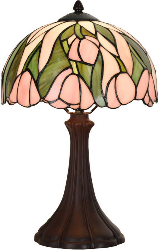 Clayre & Eef LumiLamp Tiffany Tafellamp Ø 25x40 cm Roze Glas Tiffany Bureaulamp Roze Tiffany Bureaulamp - Foto 1