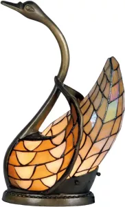 Clayre & Eef Lumilamp Tiffany Tafellamp Zwaan 30x20x45 Cm Beige Geel Glas Tiffany Lampen Nachtlampje Glas In Lood Beige Tiffany
