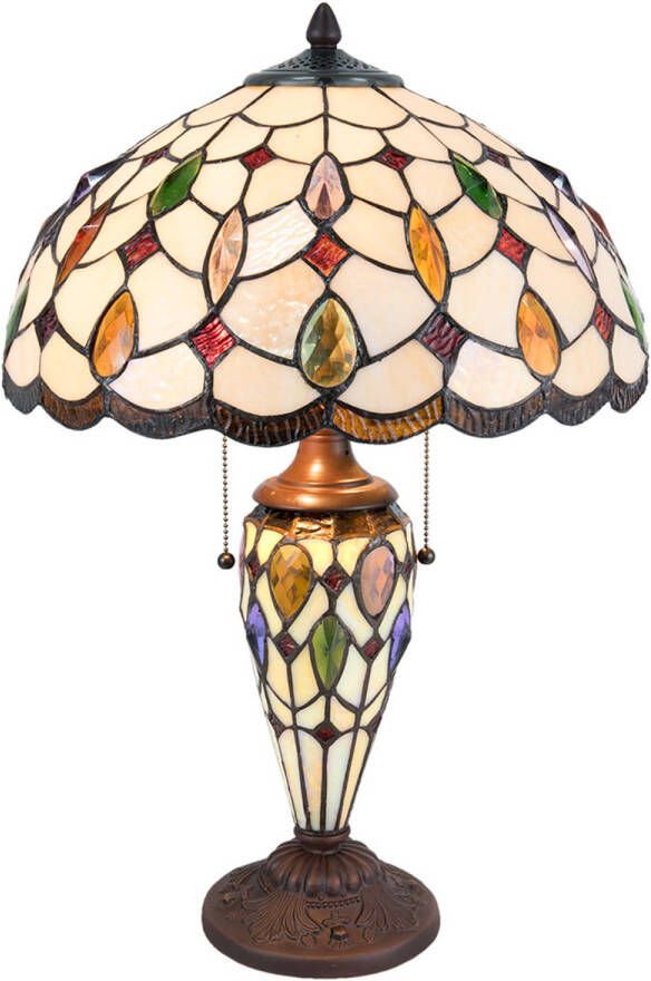 Clayre & Eef LumiLamp Tiffany Tafellamp Ø 40x60 cm Beige Bruin Glas Halfrond Tiffany Bureaulamp Beige Tiffany Bureaulamp
