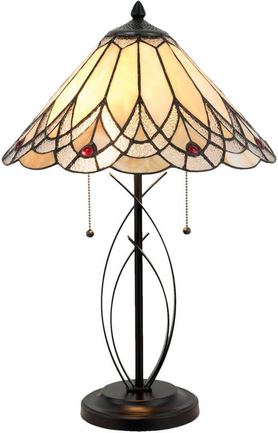 Clayre & Eef LumiLamp Tiffany Tafellamp Ø 40x60 cm Beige Glas Driehoek Tiffany Bureaulamp Beige Tiffany Bureaulamp
