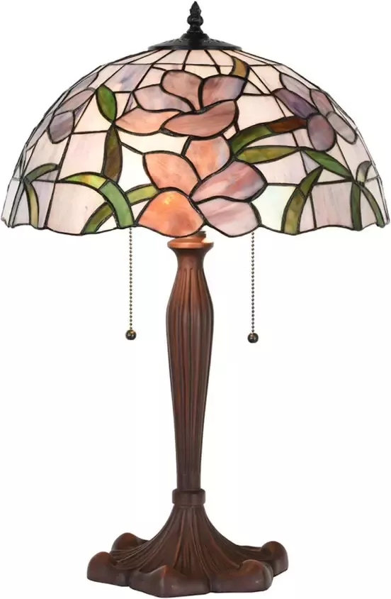 Clayre & Eef LumiLamp Tiffany Tafellamp Ø 40x60 cm Roze Glas Kunststof Rond Bloemen Tiffany Bureaulamp Tiffany Lampen Glas in Lood - Foto 1