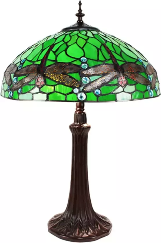 Clayre & Eef LumiLamp Tiffany Tafellamp Ø 41x59 cm Groen Geel Metaal Glas Libelle Tiffany Bureaulamp Tiffany Lampen Glas in Lood