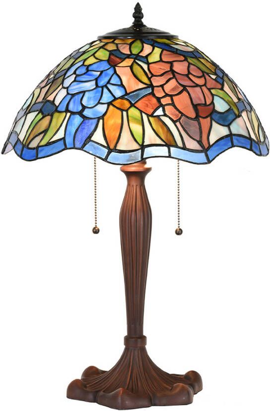 Clayre & Eef LumiLamp Tiffany Tafellamp Ø 41x60 cm Blauw Bruin Glas Kunststof Rond Tiffany Bureaulamp Tiffany Lampen Glas in Lood - Foto 1