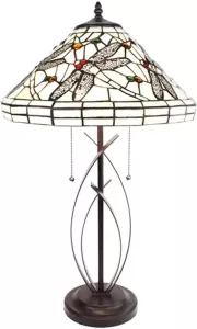 Clayre & Eef Lumilamp Tiffany Tafellamp Ø 41x69 Cm Beige Zwart Glas Metaal Rond Libelle Tiffany Bureaulamp Tiffany Lampen Glas In