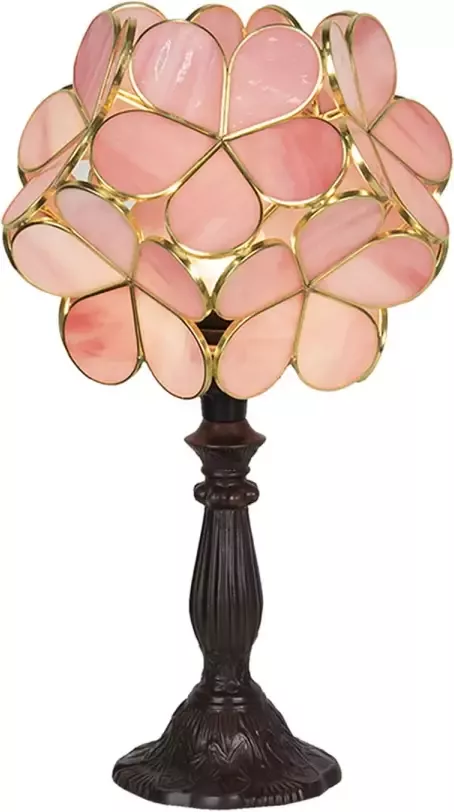 Clayre & Eef LumiLamp Tiffany Tafellamp 43 cm Roze Glas Bloemen Tiffany Bureaulamp Tiffany Lampen Glas in Lood Roze Tiffany