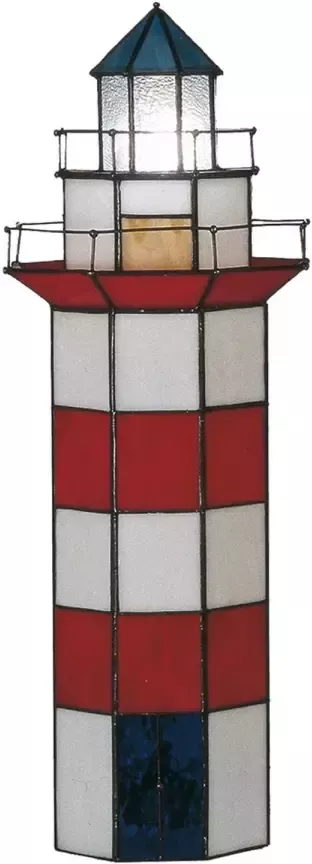 Clayre & Eef LumiLamp Tiffany Tafellamp Vuurtoren 21x56 cm Rood Wit Glas Zeshoek Tiffany Lampen Nachtlampje Glas in Lood Rood - Foto 1