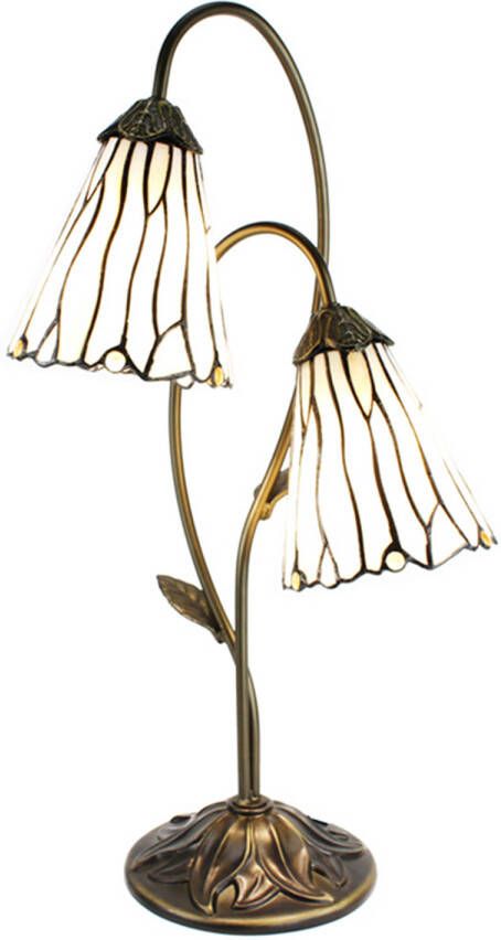 Clayre & Eef LumiLamp Tiffany Tafellamp 61 cm Bruin Wit Glas Tiffany Bureaulamp Bruin Tiffany Bureaulamp