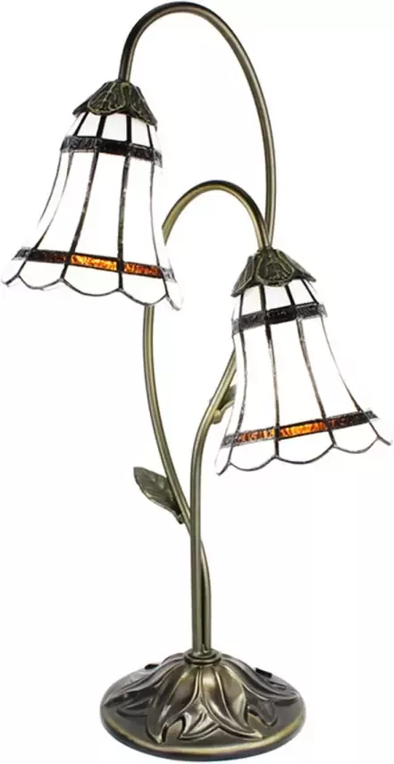 Clayre & Eef LumiLamp Tiffany Tafellamp 61 cm Bruin Wit Kunststof Glas Tiffany Bureaulamp Tiffany Lampen Glas in Lood Bruin Tiffany