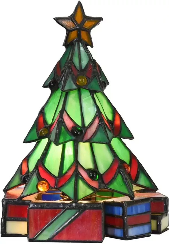 Clayre & Eef LumiLamp Tiffany Tafellamp Kerstboom 17x17x23 cm Groen Glas Tiffany Bureaulamp Tiffany Lampen Glas in Lood Groen - Foto 1
