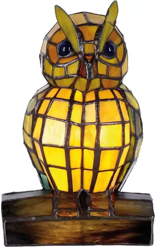 Clayre & Eef LumiLamp Tiffany Tafellamp Uil 15x12x22 cm Geel Glas Tiffany Lampen Nachtlampje Glas in Lood Geel Tiffany Lampen - Foto 1