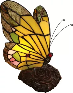 Clayre & Eef LumiLamp Tiffany Tafellamp Vlinder 15x15x27 cm Geel Glas Tiffany Lampen Nachtlampje Glas in Lood Geel Tiffany Lampen
