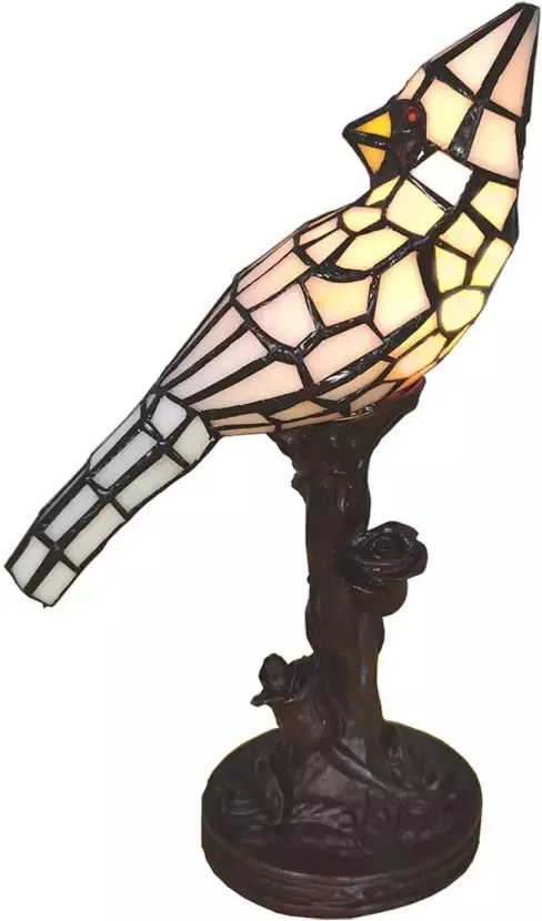 Clayre & Eef LumiLamp Tiffany Tafellamp Vogel 15x12x33 cm Beige Kunststof Glas Tiffany Bureaulamp Tiffany Lampen Glas in Lood Beige