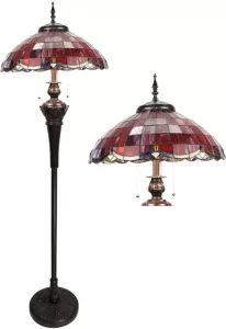 Clayre & Eef LumiLamp Tiffany Vloerlamp 166 cm Rood Glas Kunststof Rond Staande Lamp Staanlamp Glas in Lood Rood Staande Lamp