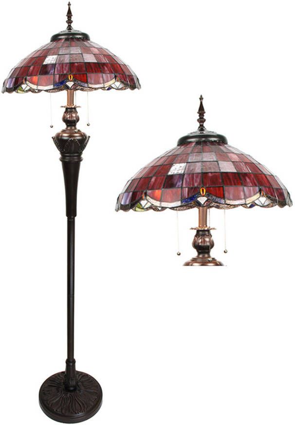 Clayre & Eef LumiLamp Tiffany Vloerlamp 166 cm Rood Glas Kunststof Rond Staande Lamp Staanlamp Glas in Lood Rood Staande Lamp - Foto 1