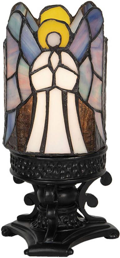 Clayre & Eef LumiLamp Tiffany Tafellamp Engel Ø 13x25 cm Grijs Glas Tiffany Bureaulamp Tiffany Lampen Glas in Lood Grijs Tiffany