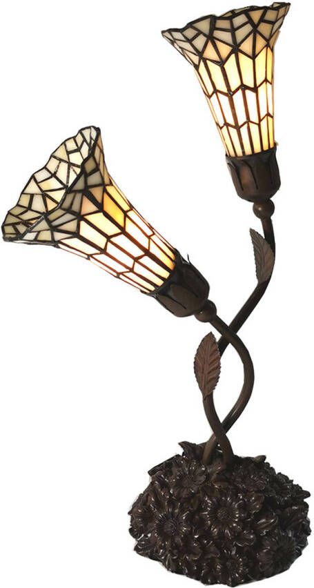Clayre & Eef LumiLamp Tiffany Tafellamp 44x26x61 cm Beige Glas Tiffany Bureaulamp Tiffany Lampen Glas in Lood Beige Tiffany