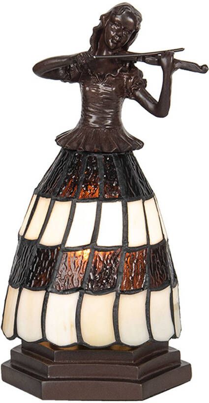 Clayre & Eef LumiLamp Tiffany Tafellamp Vrouw 15x15x27 cm Bruin Wit Glas Tiffany Bureaulamp Tiffany Lampen Glas in Lood Bruin