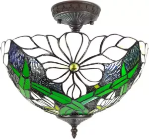 Clayre & Eef Plafondlamp Tiffany Ø 36x35 cm Wit Groen Kunststof Glas