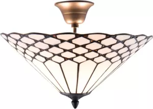 Clayre & Eef Plafondlamp Tiffany ø 42x29 Cm E14 max. 2x40 Watt Wit Brons Ijzer Glas