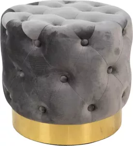 Clayre & Eef Poef Ø 45x40 Cm Grijs Velours Metaal Rond Hocker Voetenbankje Grijs Hocker Voetenbankje
