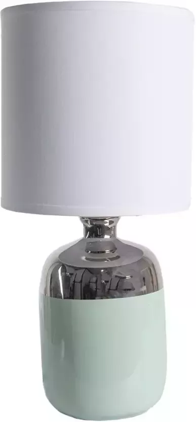 Clayre & Eef Tafellamp Ø 15x33 cm Wit Zilverkleurig Keramiek Rond Bureaulamp Wit Bureaulamp