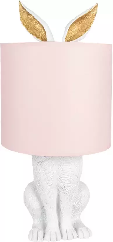 Clayre & Eef Tafellamp Konijn Ø 20x43 cm Wit Roze Kunststof Bureaulamp Nachtlamp Woonaccessoires Wit Bureaulamp