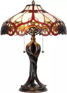 Clayre & Eef tafellamp met tiffany kap 56 x ø 41 cm bruin rood geel ivory ijzer glas