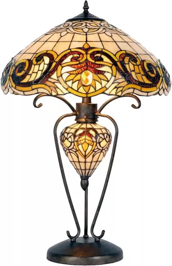 Clayre & Eef tafellamp met tiffany kap sierlijke krul compleet 72 x ø 46 cm bruin rood geel ivory ijzer glas