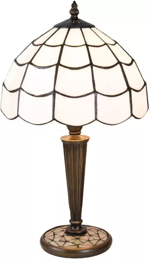 Clayre & Eef LumiLamp Tiffany Tafellamp Ø 25x43 cm Wit Bruin Glas Tiffany Bureaulamp Wit Tiffany Bureaulamp