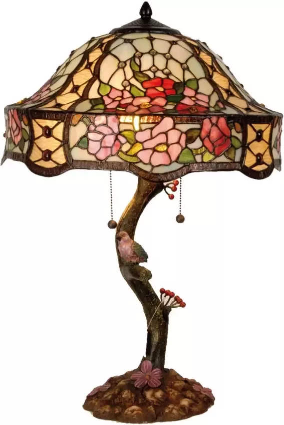 Clayre & Eef tafellamp tiffany compleet ø 46 cm e27x3 bruin roze multi colour ijzer glas - Foto 1