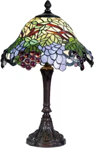 Clayre & Eef tafellamp zink met tiffanykap druif compleet 48 x ø 30 cm bruin blauw multi colour ijzer glas