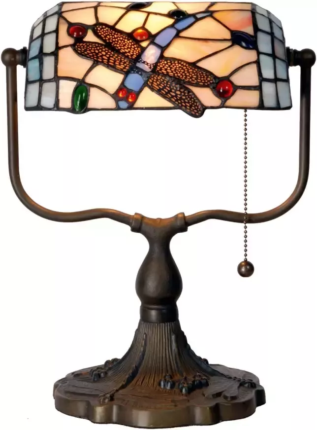 Clayre & Eef tiffany bankierslamp met libelle oranje groen rood blauw paars glas metaal