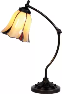Clayre & Eef tiffany bureaulampje met kelk glaskapje verstelbaar bruin beige rood glas metaal