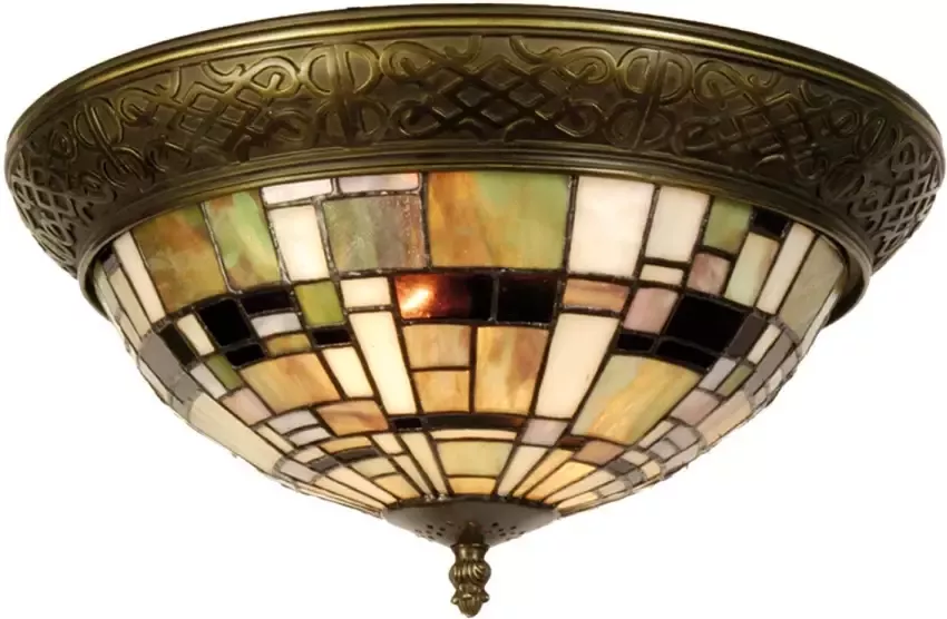 Clayre & Eef tiffany plafondlamp plafonnière mosaic serie bruin groen brons multi wit ijzer glas - Foto 1