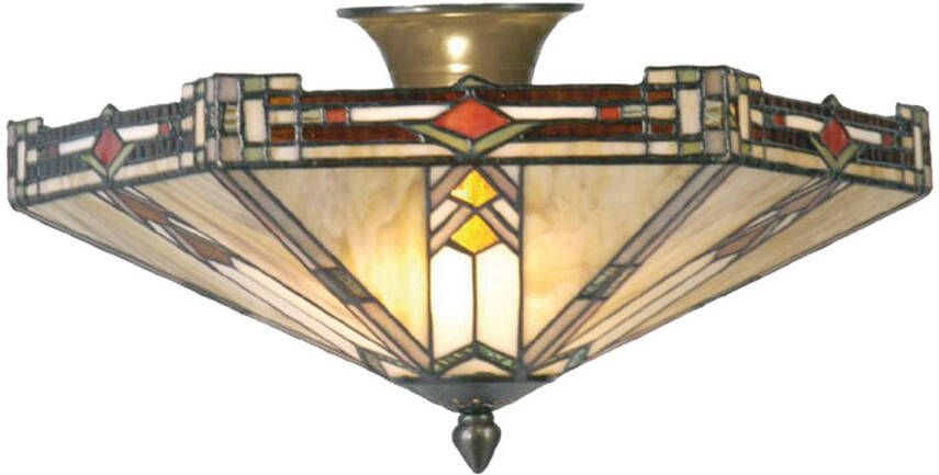 Clayre & Eef tiffany plafondlamp plafonnière uit de modern lines serie groen rood brons ivory ijzer glas metaal - Foto 1