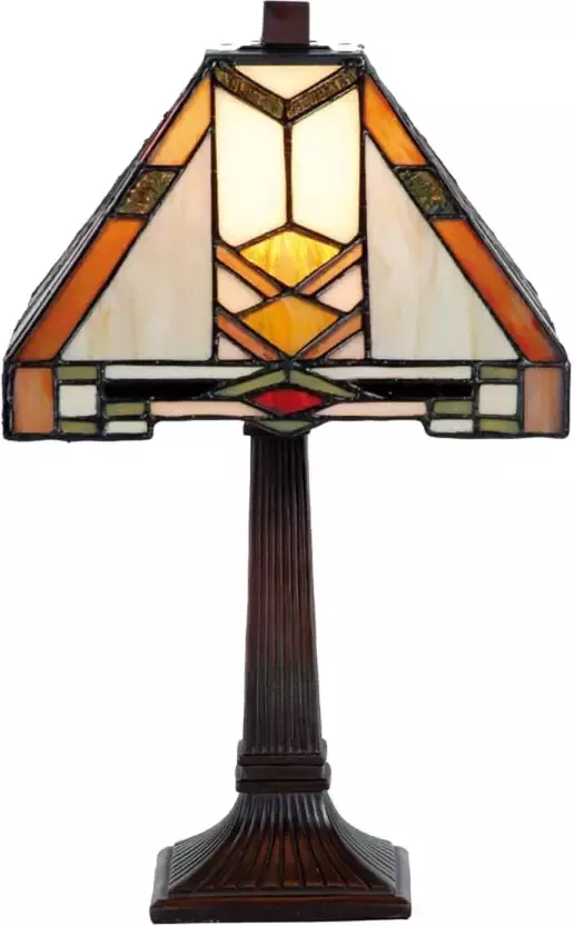 Clayre & Eef LumiLamp Tiffany Tafellamp 22x22x38 cm Beige Geel Glas Tiffany Bureaulamp Beige Tiffany Bureaulamp