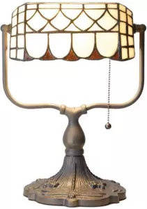 Clayre & Eef tiffany tafellamp bankierslamp met trekschakelaar oranje brons ivory ijzer glas