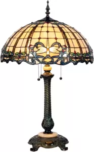 Clayre & Eef Tiffany Tafellamp Parasolkap Geruit Met Libelle Blauw Zwart Ivory Crème Ijzer Glas