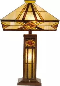 Clayre & Eef tiffany tafellamp uit de flintwood serie bruin geel ivory ijzer glas