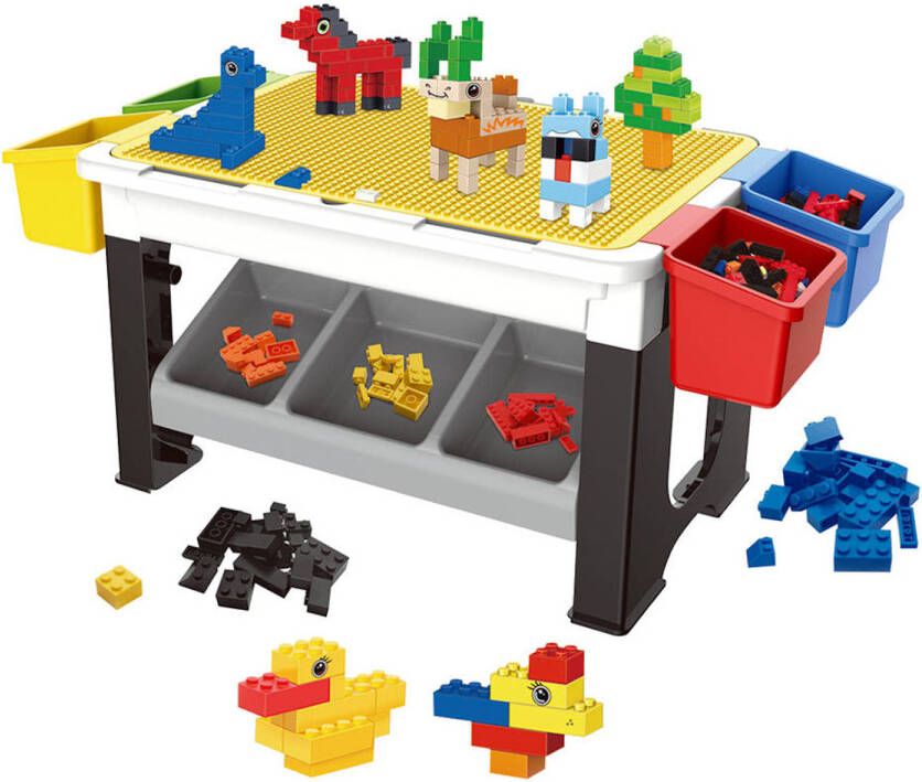 Decopatent Speeltafel met bouwplaat (geschikt voor Lego blokken) en vlakke kant. Kindertafel met 7 Opbergbakken Bouwtafel