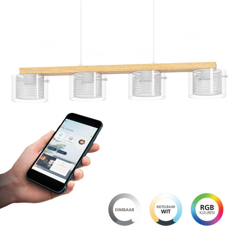 EGLO Hanglamp PORTICO-Z hanglamp hout wit ZigBee 3.0 timer pendellamp App spraakbesturing Alexa 88x15x110cm excl. afstandsbediening (1 stuk)