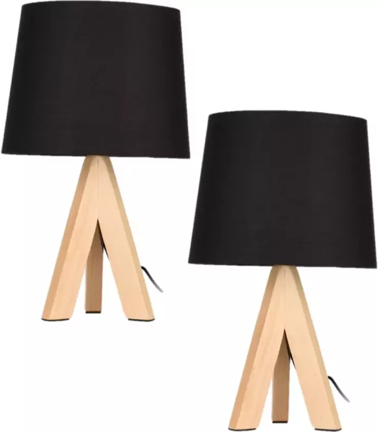 Excellent Houseware 2x stuks tafellampen schemerlampjes zwarte kap en houten poten 29 cm Tafellampen