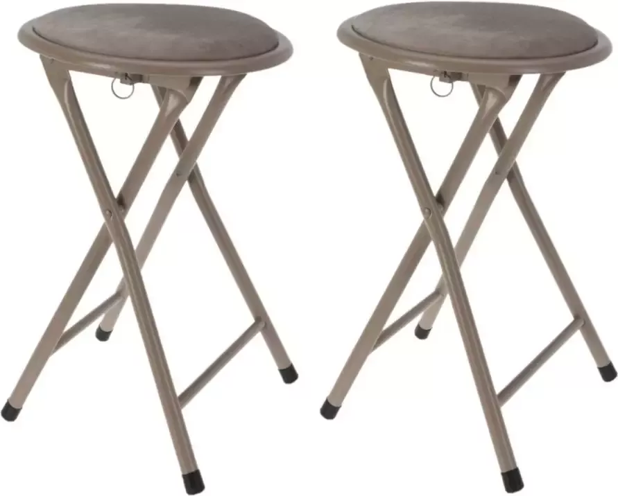 Excellent Houseware Set van 2x bijzet krukje stoel Opvouwbaar beige D30 x H45 cm Krukjes - Foto 1