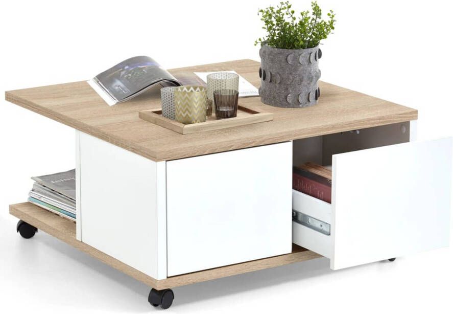 FMD Salontafel verplaatsbaar 70x70x36 cm eikenkleurig en glanzend wit