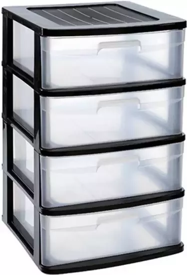 Forte Plastics Ladeblok bureau organizer met 4x lades zwart transparant L40 x B39 x H65 cm Ladeblok