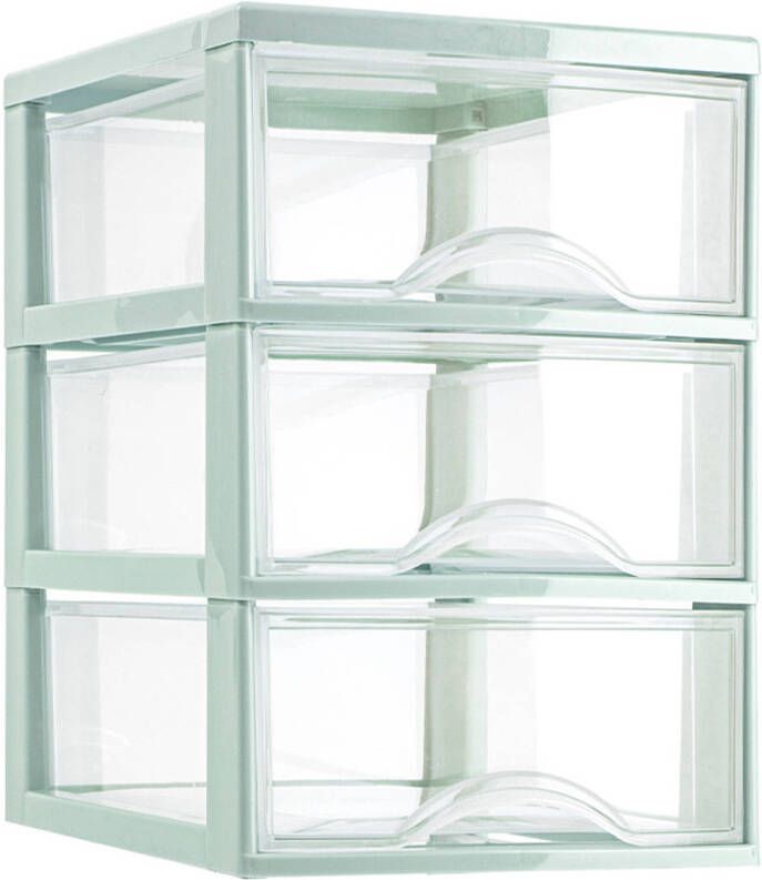 Forte Plastics Plasticforte Ladeblokje bureau organizer 3x lades transparant mintgroen L18 x B25 x H25 cm Ladeblok